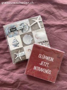 2 Servietten. Beide ungeöffnet.

25x25 und 33x33cm gross

Wird bei Übernahme der Versandkosten auch gerne verschickt. :) Twint möglich.