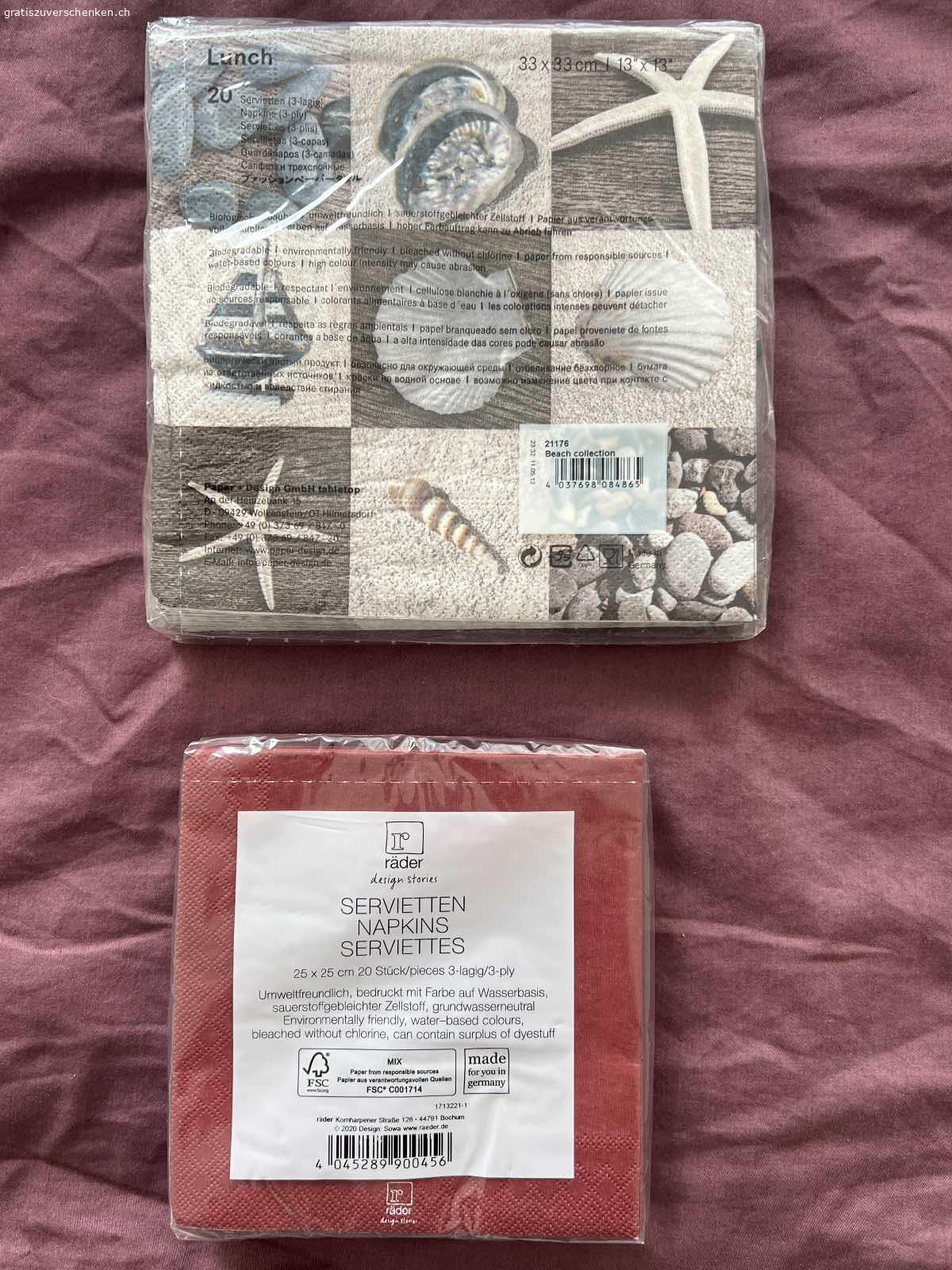 2 Servietten. Beide ungeöffnet.

25x25 und 33x33cm gross

Wird bei Übernahme der Versandkosten auch gerne verschickt. :) Twint möglich.