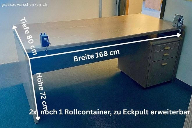 Büromöbel gratis abzugeben. Wir haben noch einige Büromöbel gratis abzugeben.
Von den kleineren Pulten sind noch jeweils 6 zu haben.
Von den grösseren braunen Schreibtischen sind noch 2 da, die man auch zu einem Eckschreibtisch verbinden kann. Das Verbindungsteil ist vorhanden, ebenso 1 Rollcontainer.
Es gib noch zwei von den grösseren weissen Tischen.