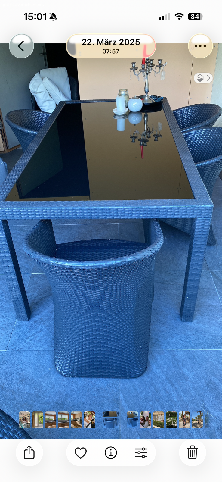 Gartentisch. Rattantisch mit 6 Stühlen zum verschenken, 
200cm  100cm 
Glas Tisch gebraucht aber sehr gut Zustand