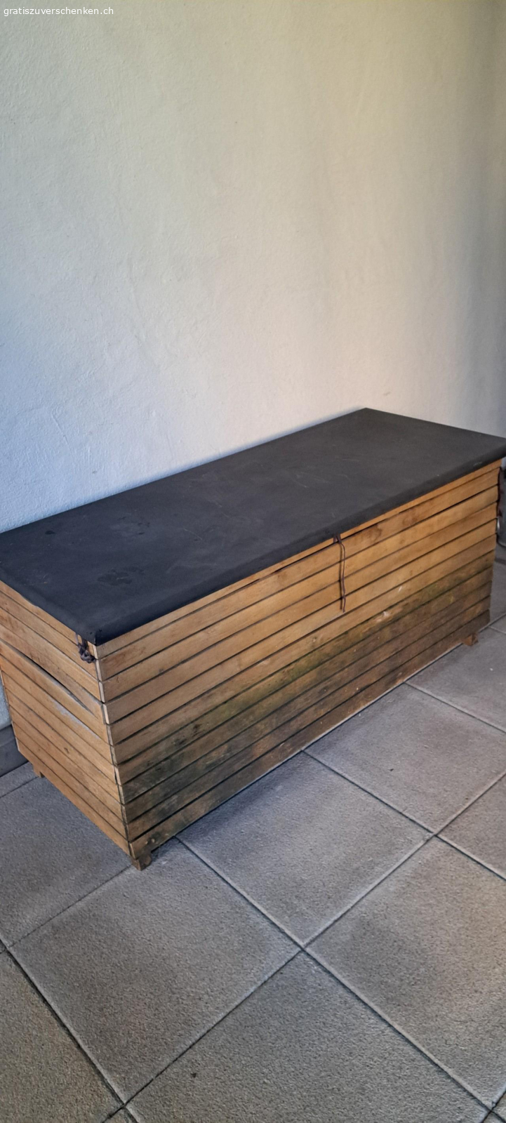 Kissenbox. Holzbox mit Metalldeckel
schwarzes Stoff-Innenfutter 
130 × 53 cm
Höhe 62 cm