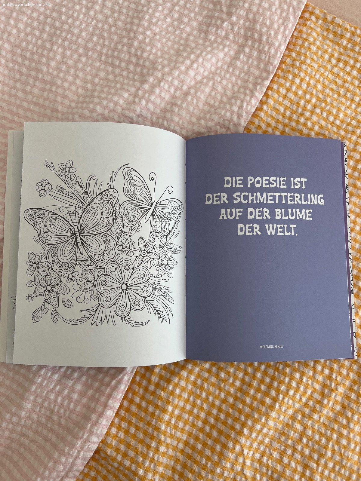 Mandala-Buch Blüten & Schmetterlinge. Neupreis CHF 12.90
Nur 1 Mandala angefangen auszumalen, also fast so gut wie neu :)
Wird bei Übernahme der Versandkosten gerne verschickt.