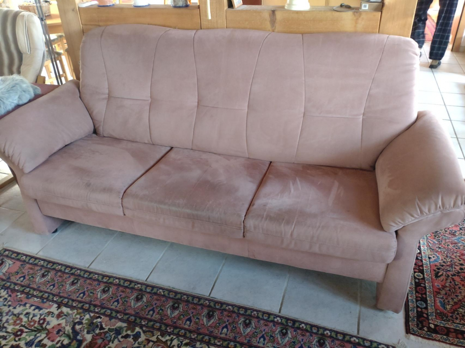 Sofa. Altrosa Sofa. Mit Alcantara bezogen. Perfekt für Katzenbesitzer. Unsere Katze hasste dieses Sofa so sehr, dass sie einen grossen Bogen darum machte. Nicht einmal daran gekratzt hat sie.