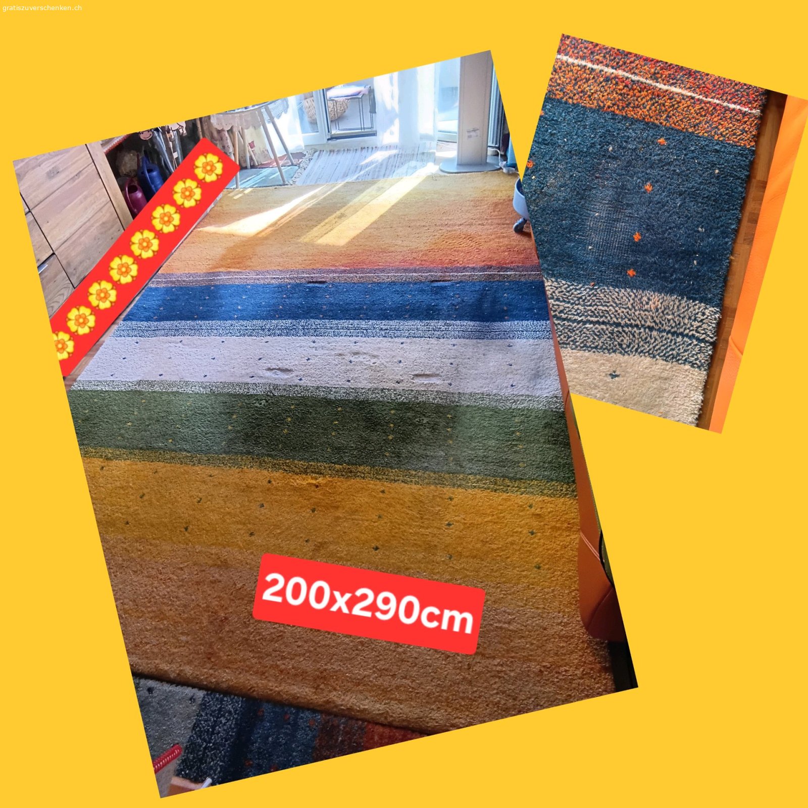 Teppich 200x290cm. Nichtraucherhaushalt/keine Tiere oben rechts abnützung! Vielleicht für einen Party/Keller/Spielgruppe Raum oder als Bastelobjekt! Mitte hellerer Teil kann evtl.mit Teppichschaum gereinigt werden! Schwer!!!!!!