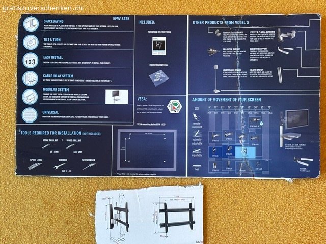 TV Wandhalterung. LCD/TFT-Wandhalter von Vogel's
Modell EFW 6325

- Für TVs von 81-127 cm / 32-50" Bildschirmgrössen und 15-45 kg Gewicht
- Wandabstand 98-213 mm
- Neige- und Drehfunktionen garantieren eine optimale Betrachtungsposition
- Universell, kompatibel mit VESA MIS-F (700x450 mm)